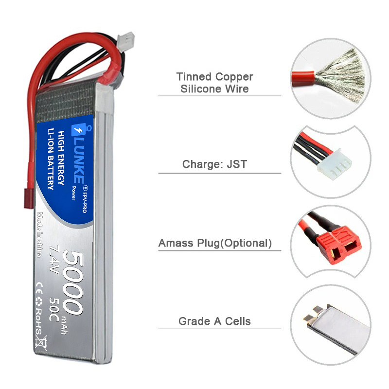 リポバッテリー 2S 7.4V 5000mAh 50C RC - Drone Avion Rc のレビューと価格